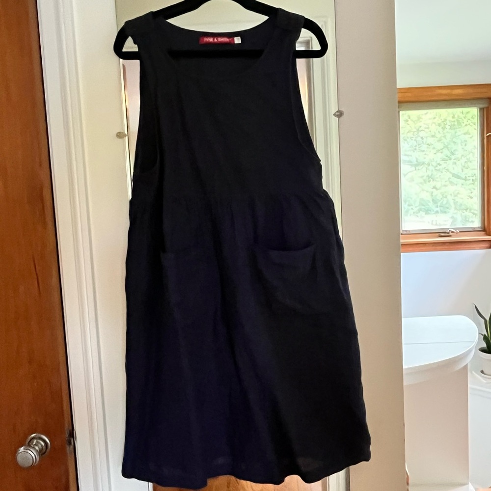 Pyne & Smith slow fashion dark navy linen pinafore jumper apron adjustable S